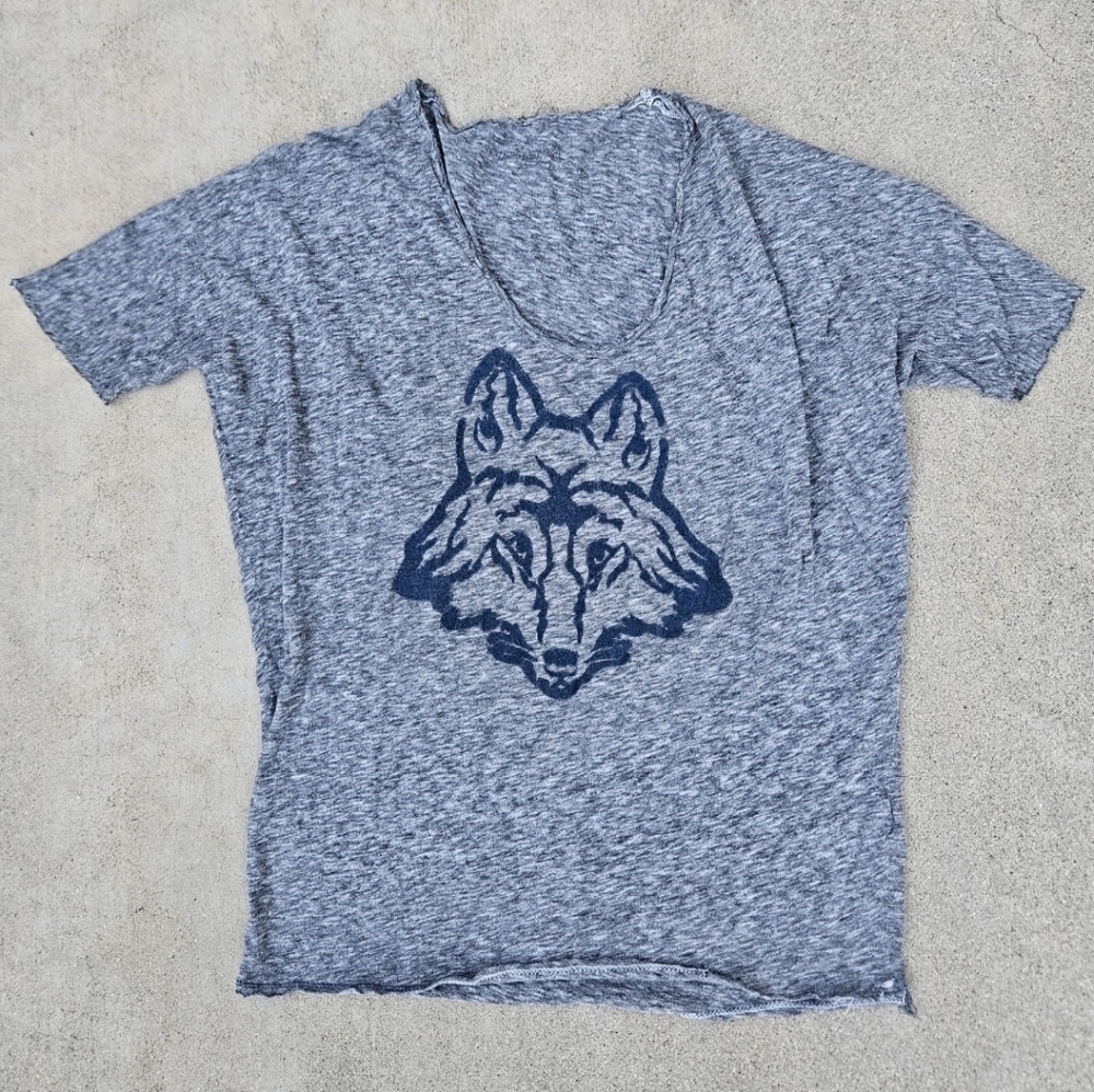 VINTAGE ZADIG & VOLTAIRE OTTOYA GREY TOP BLUE WOLF GRAPHIC COTTON VISCOSE M EUC